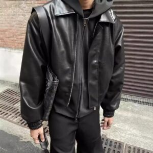 Men's Black Leather Jacket - Classic Zip-Up Outerwear for Stylish Everyday Wear