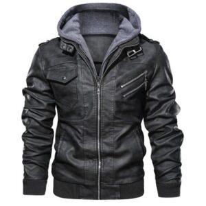 Black PU leather jacket with hood – front view