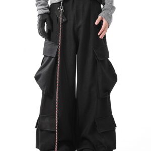 Premium Textured Wide-Leg Utility Cargo Pants – Black | Multi-Pocket Techwear Fit