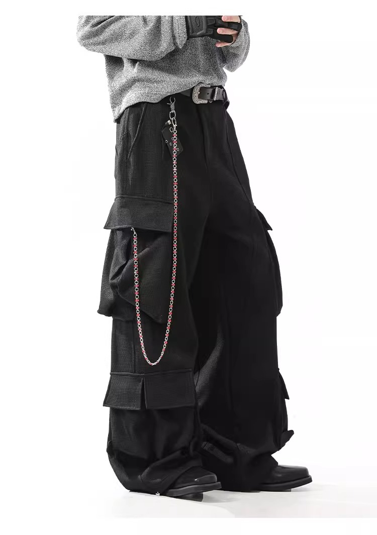 Premium Textured Wide Leg Utility Cargo Pants – Black Multi Pocket Techwear Fit Details 1