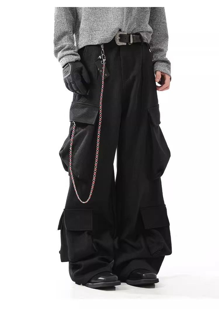 Premium Textured Wide Leg Utility Cargo Pants – Black Multi Pocket Techwear Fit Details 3