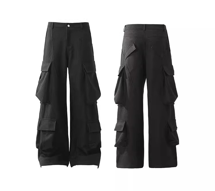 Premium Textured Wide Leg Utility Cargo Pants – Black Multi Pocket Techwear Fit Details 8