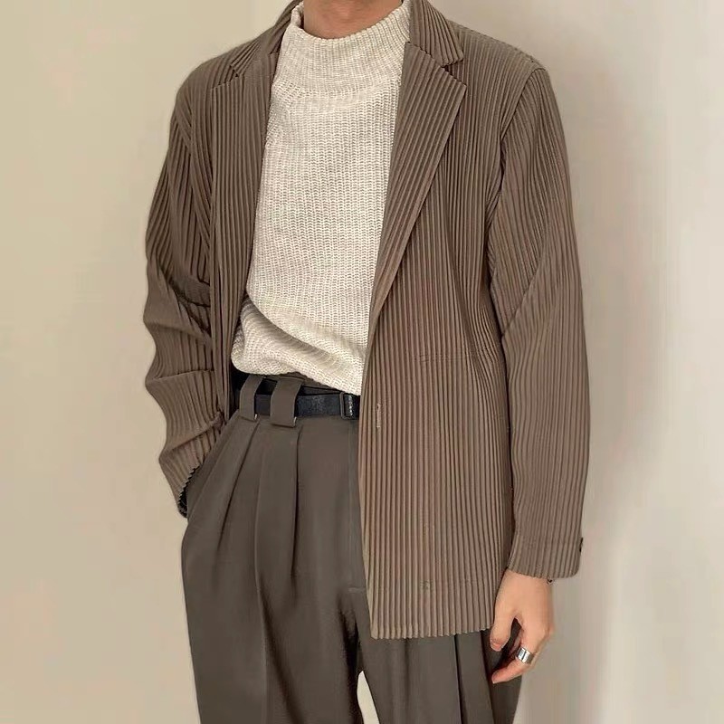 Fully Lined Japanese Miyake-Inspired Pleated Blazer - Relaxed Fit Casual Suit Jacket JD201