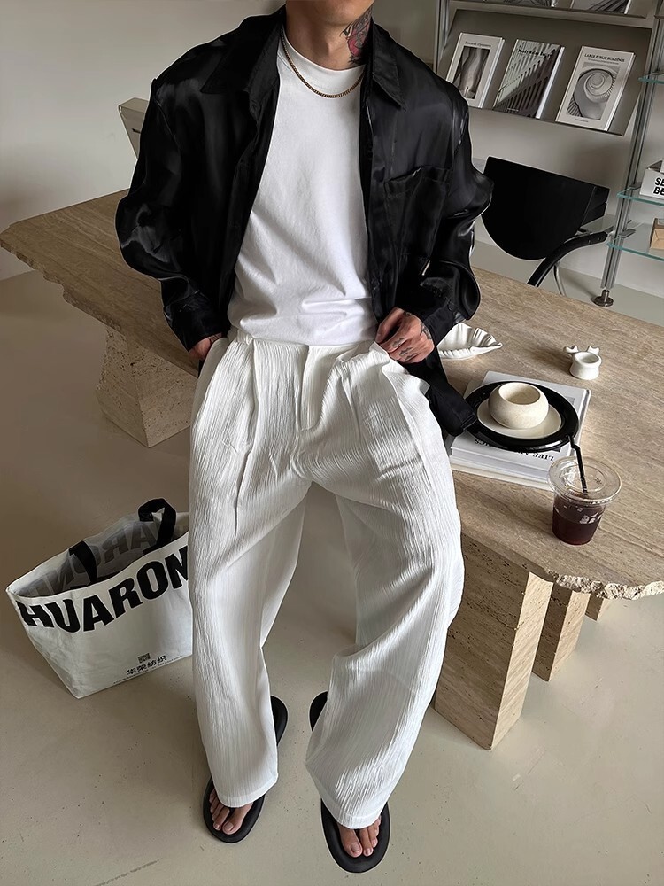 2025 Summer American Vintage Soft Textured Single Pleat Straight Leg Casual Pants - Loose Wide Leg Long Pants in White