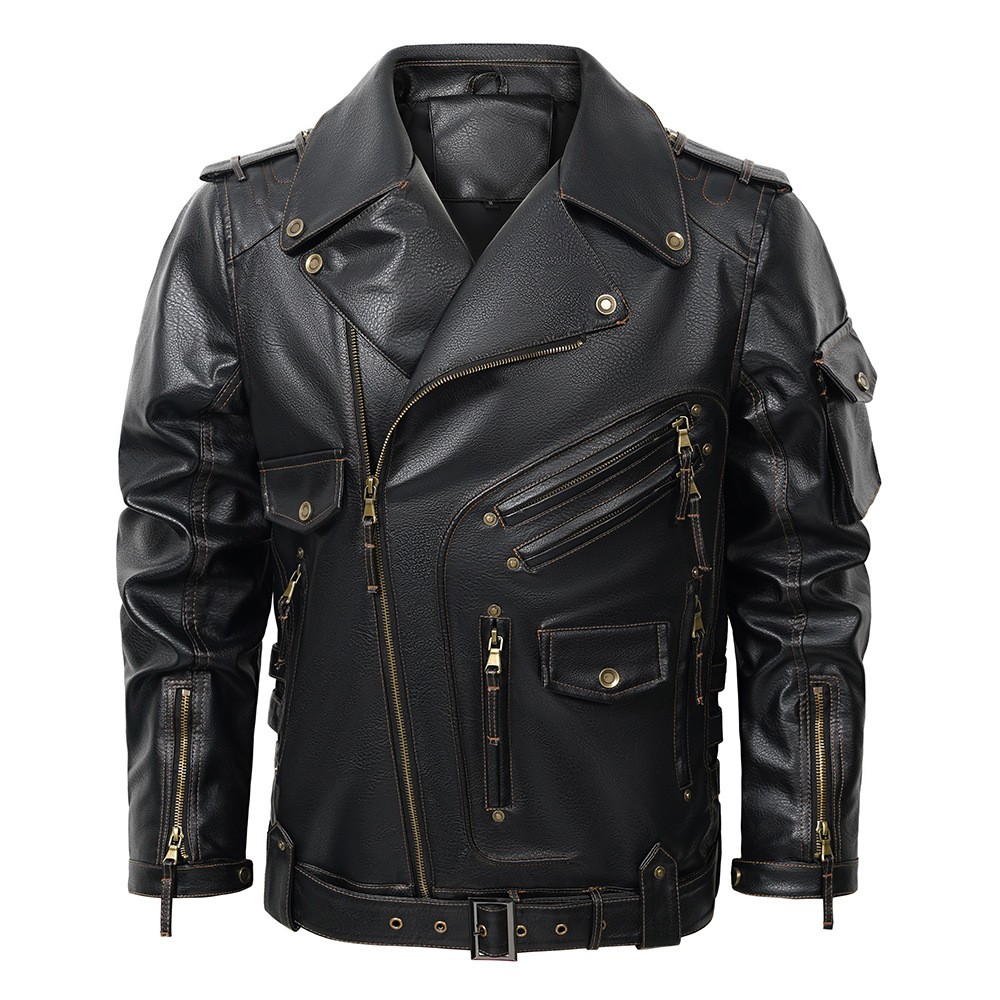 Men's PU Leather Punk Biker Jacket with Multi-Pockets Men