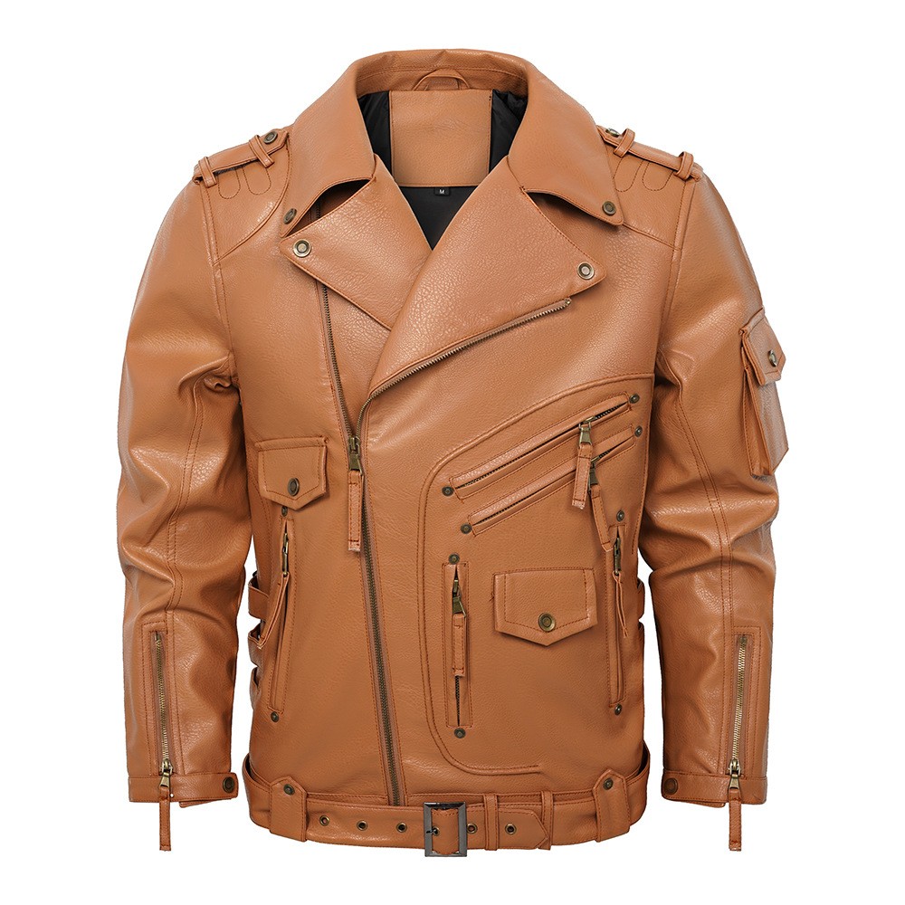 Men's PU Leather Punk Biker Jacket with Multi-Pockets Men