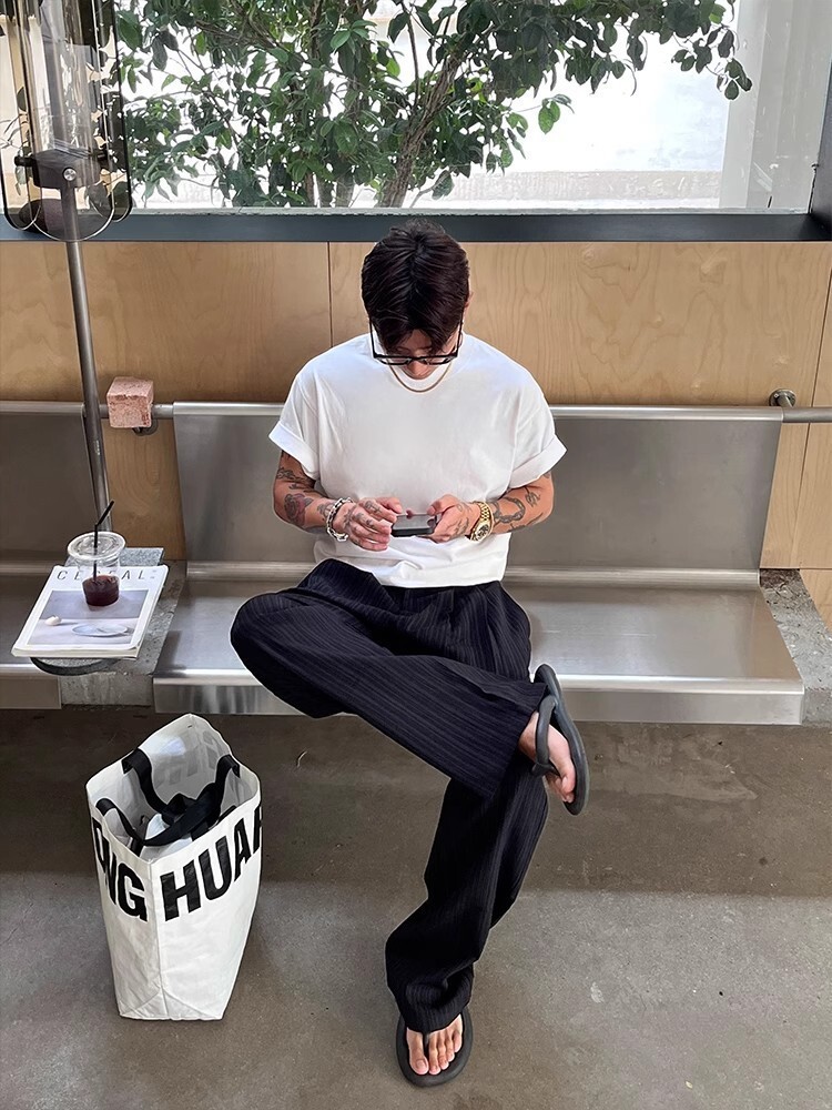 2025 Summer American Vintage Soft Textured Single Pleat Straight Leg Casual Pants - Loose Wide Leg Long Pants in White