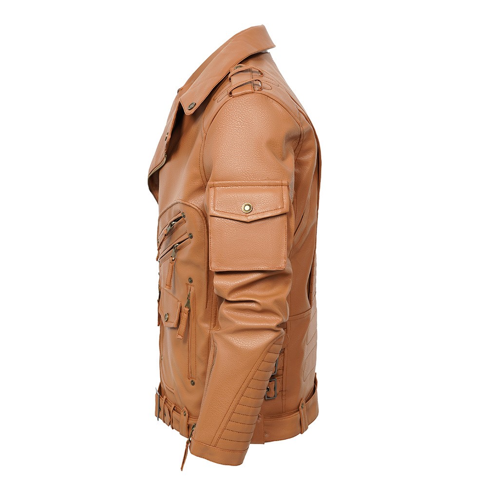 Men's PU Leather Punk Biker Jacket with Multi-Pockets Men