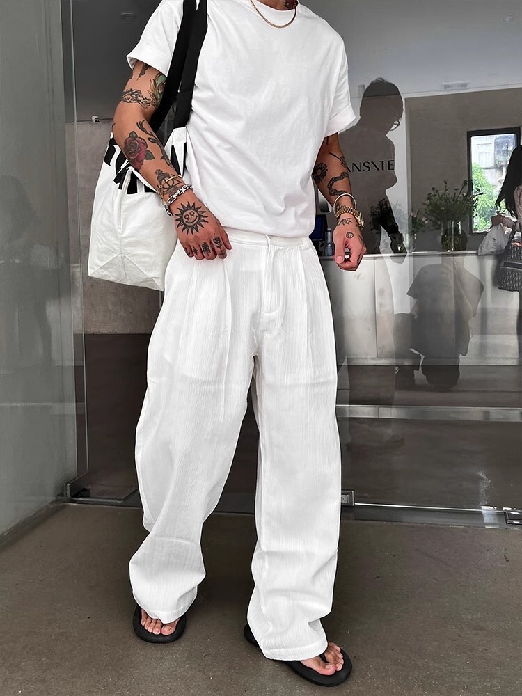 2025 Summer American Vintage Soft Textured Single Pleat Straight Leg Casual Pants - Loose Wide Leg Long Pants in White
