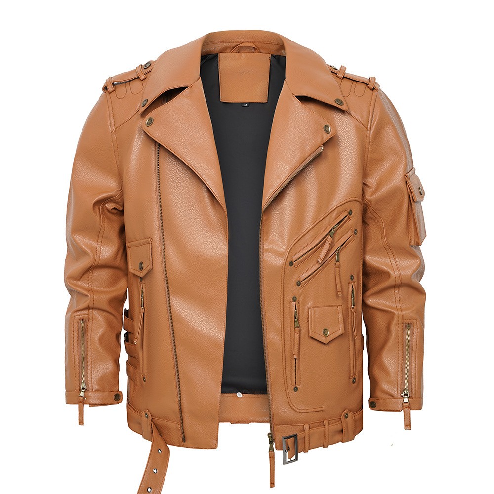 Men's PU Leather Punk Biker Jacket with Multi-Pockets Men