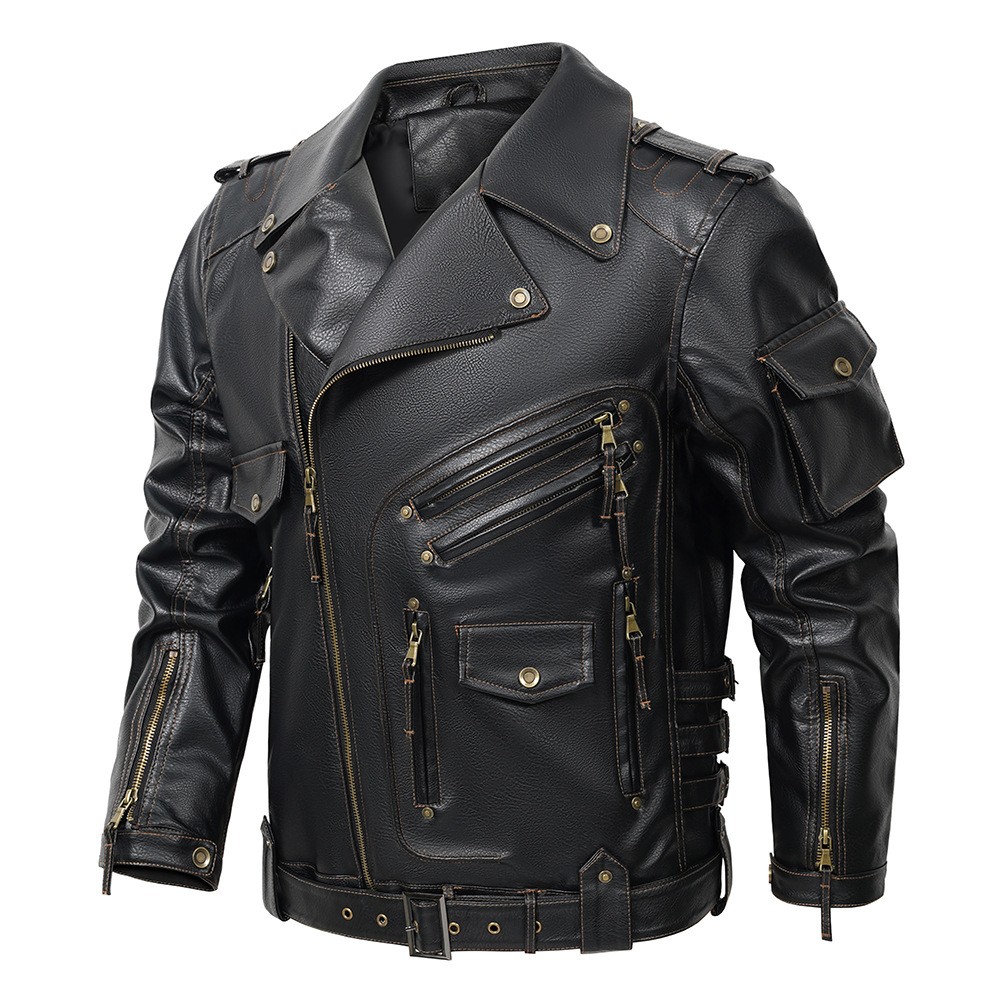 Men's PU Leather Punk Biker Jacket with Multi-Pockets Men