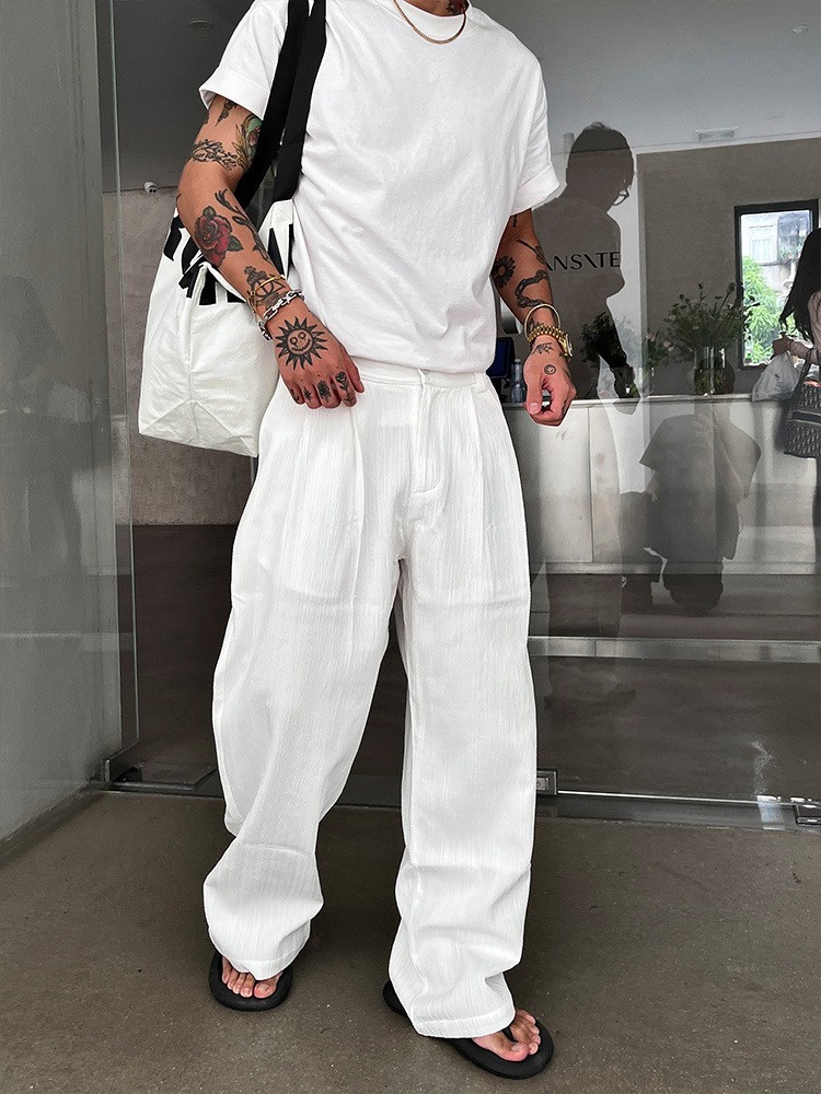 2025 Summer American Vintage Soft Textured Single Pleat Straight Leg Casual Pants - Loose Wide Leg Long Pants in White