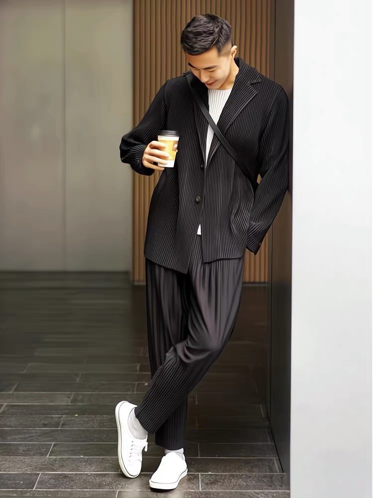 Fully Lined Japanese Miyake-Inspired Pleated Blazer - Relaxed Fit Casual Suit Jacket JD201
