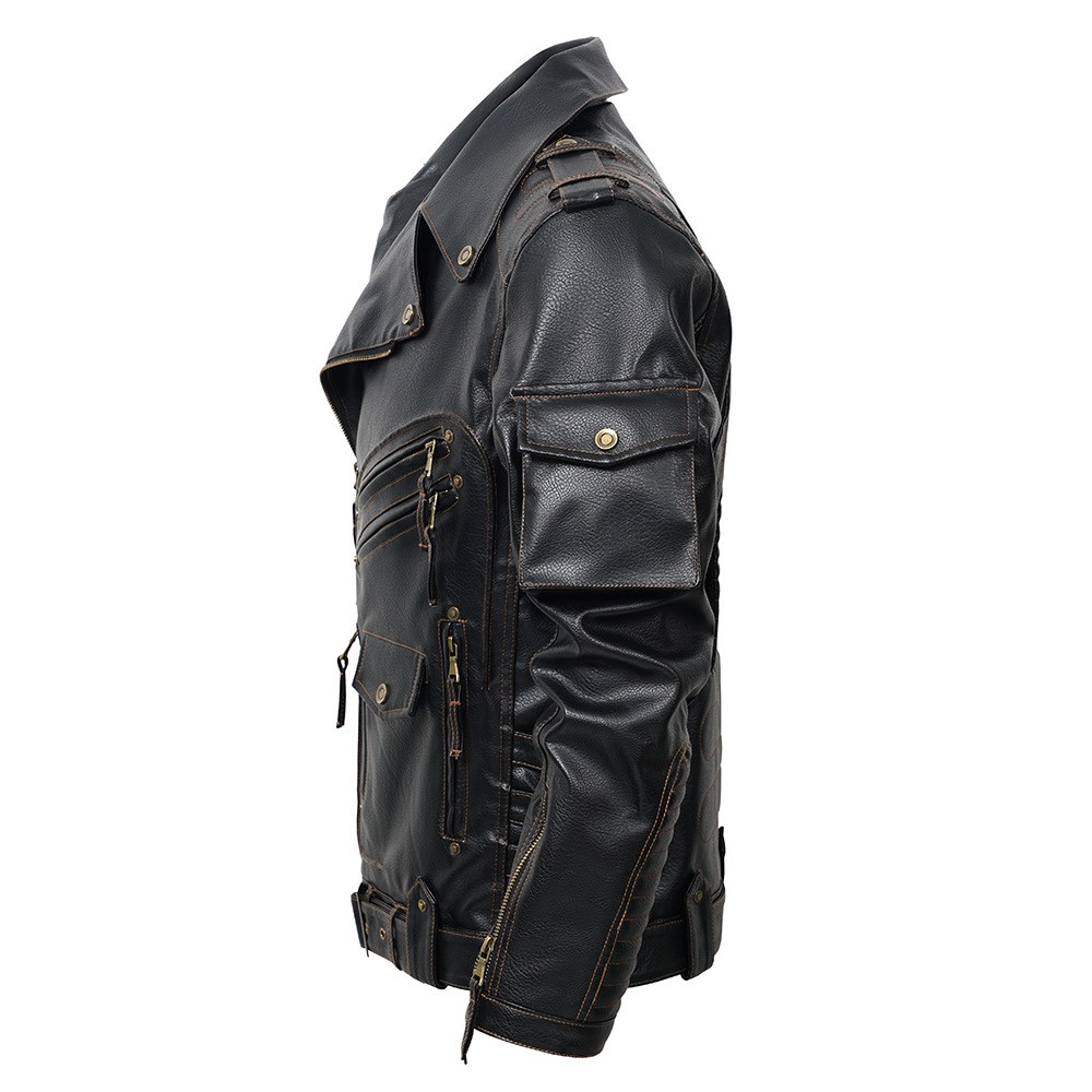 Men's PU Leather Punk Biker Jacket with Multi-Pockets Men