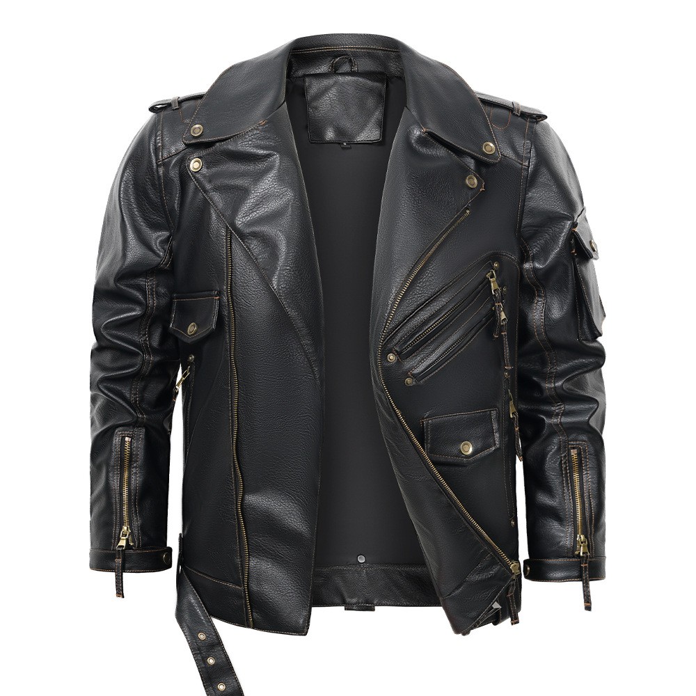 Men's PU Leather Punk Biker Jacket with Multi-Pockets Men