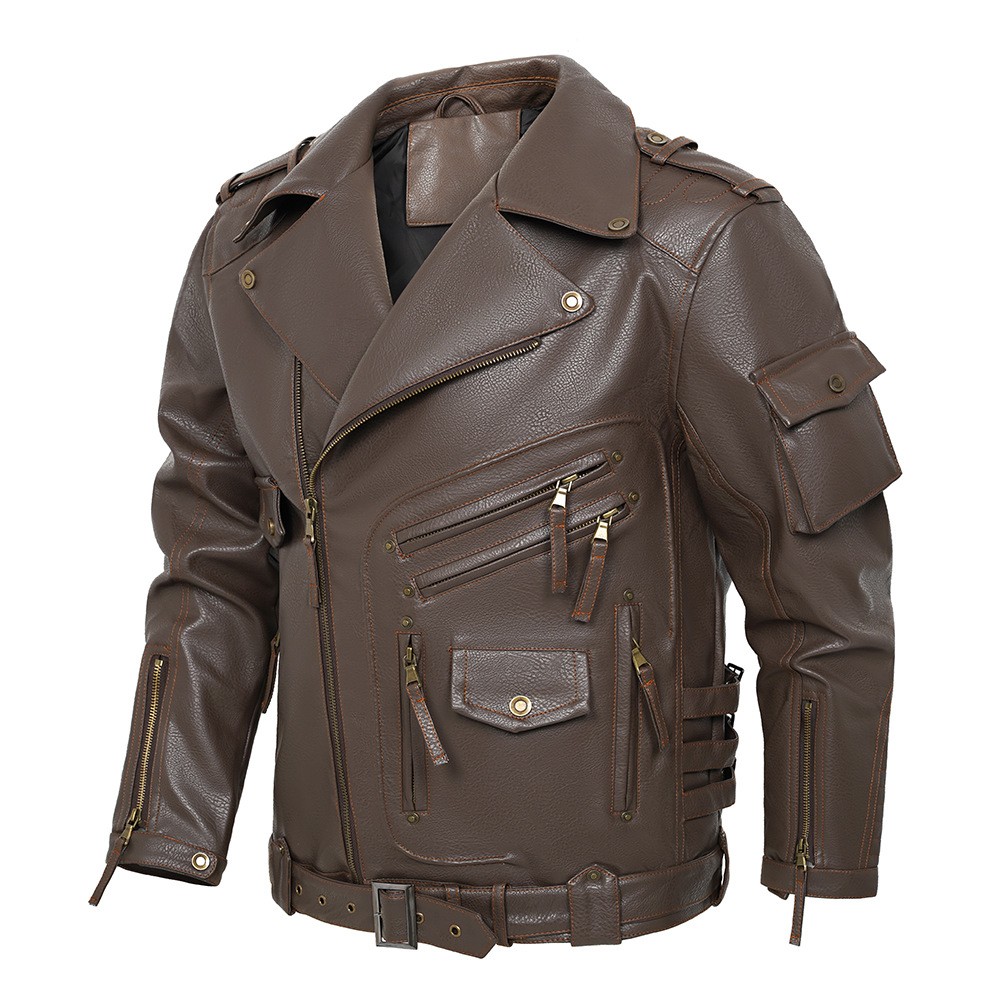 Men's PU Leather Punk Biker Jacket with Multi-Pockets Men