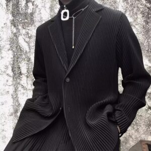 Fully Lined Japanese Miyake-Inspired Pleated Blazer for Men with a Draped, Relaxed Fit – Versatile Casual Suit Jacket JD201