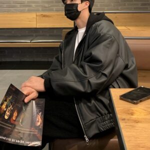 MYQ Men’s PU Leather Hooded Jacket 2024 Spring