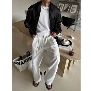 2025 Summer American Vintage Textured Soft Single-Pleat Straight Casual Pants for Men, Loose Wide-Leg Long Trousers in White