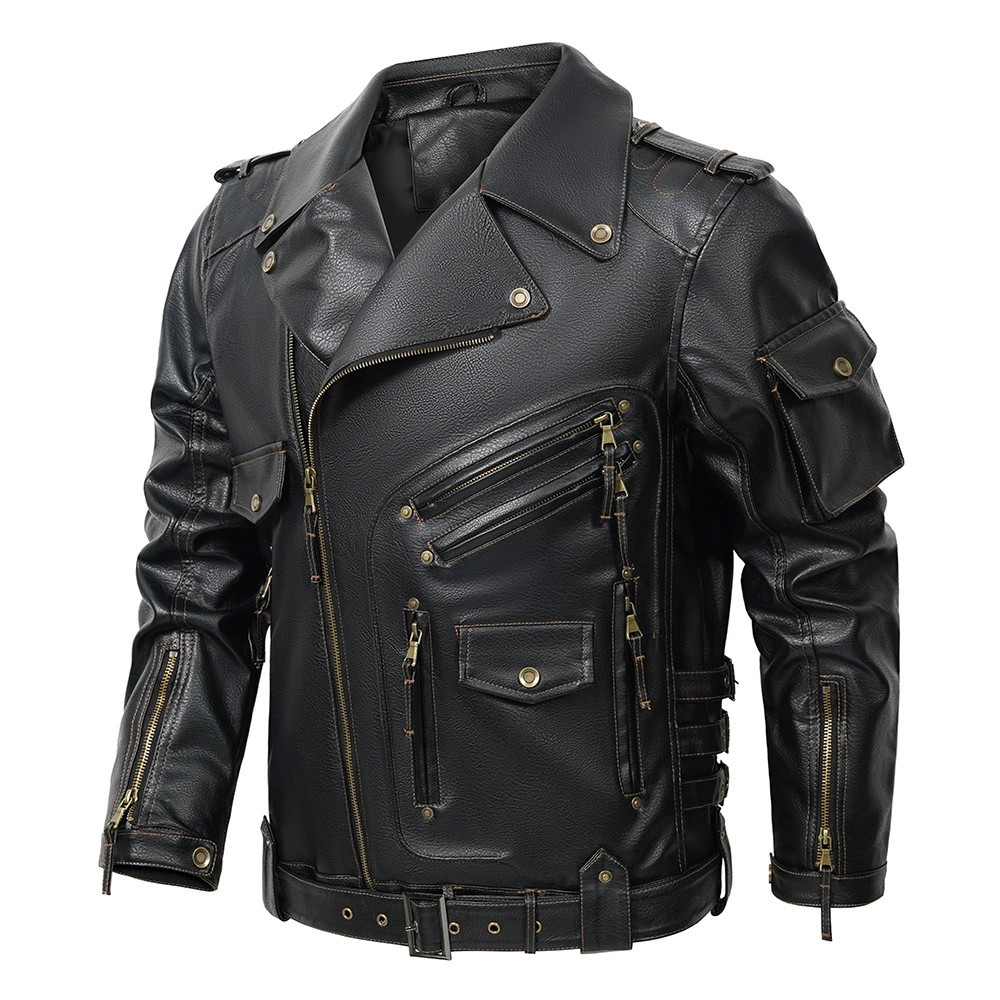 main_2 Men's PU Leather Punk Biker Jacket with Multi-Pockets - Image 2