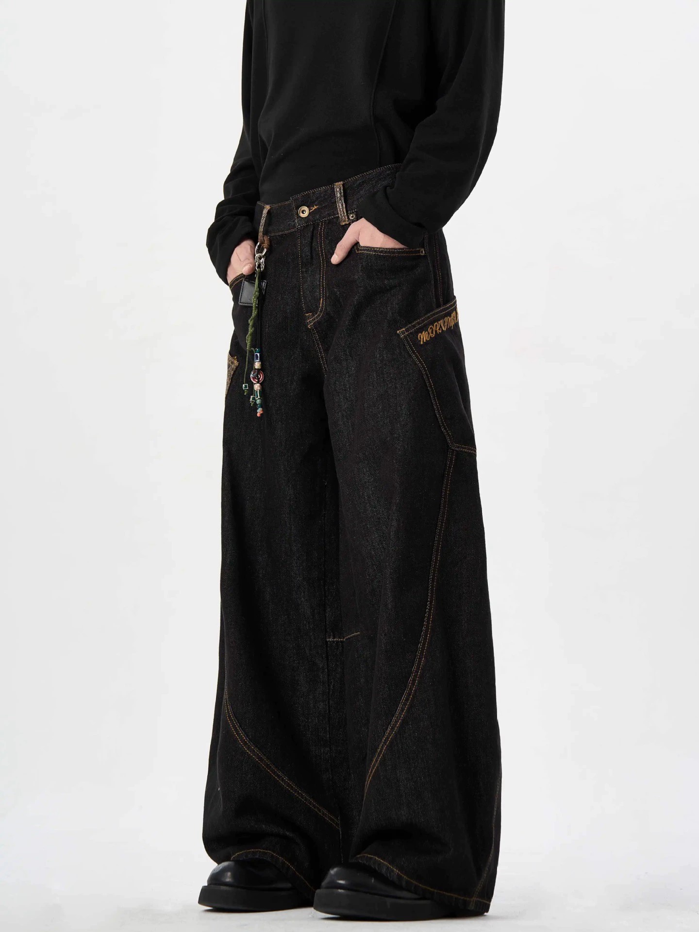 main_3 Vintage Plaid Patchwork Straight Leg Denim Jeans - Image 3