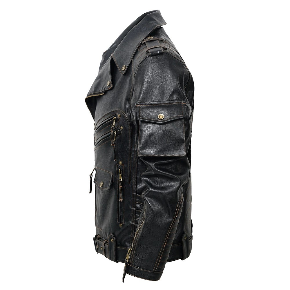 main_4 Men's PU Leather Punk Biker Jacket with Multi-Pockets - Image 4