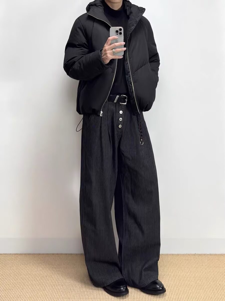 Men's High-Waist Pleated Denim Wide-Leg Trousers Men