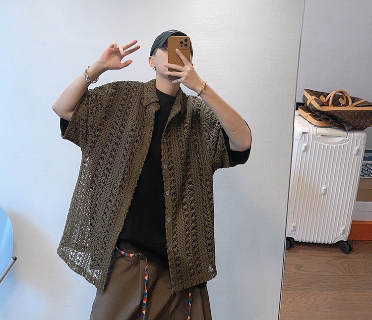 Men's Vintage Military Green Breathable Knit Shirt Men