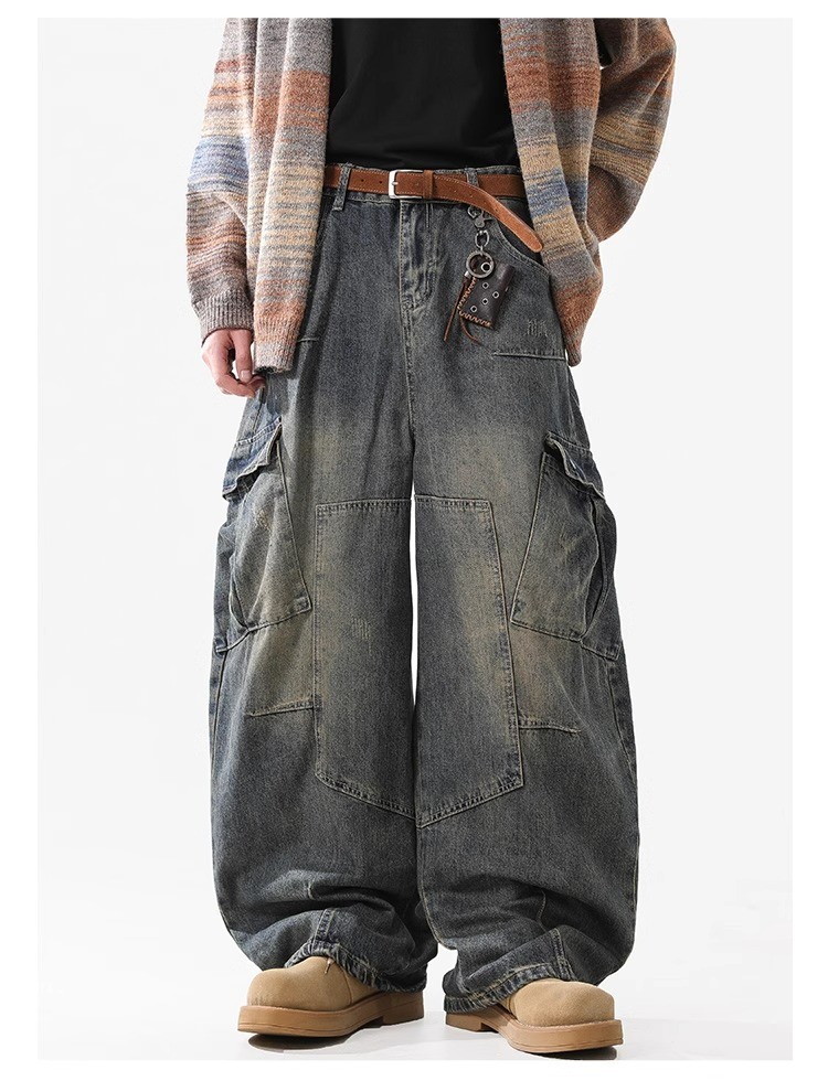 Vintage High-Waist Multi-Pocket Wide-Leg Denim Pants