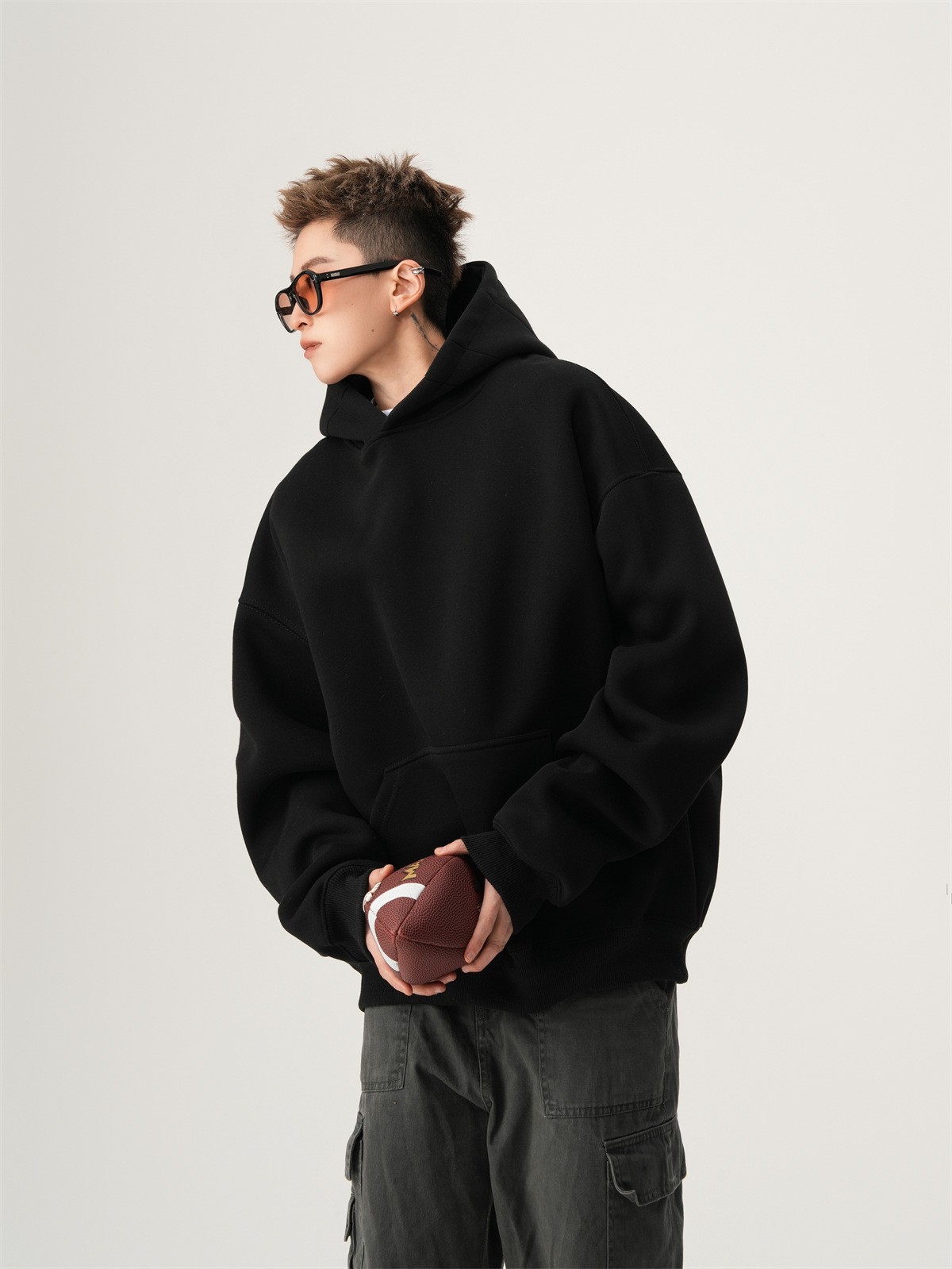 Heavyweight Boxy Hooded Fleece Pullover Sweatshirt