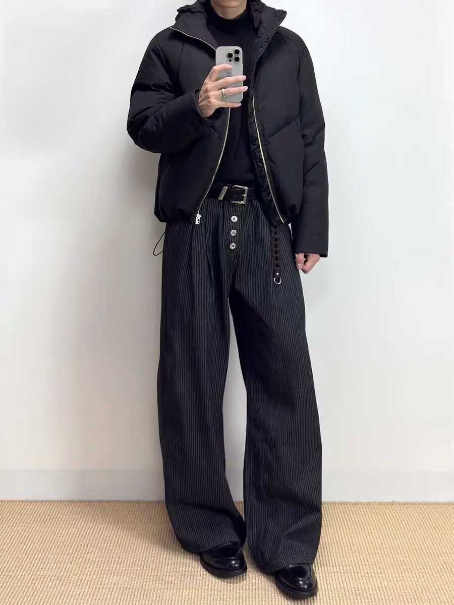 Men's High-Waist Pleated Denim Wide-Leg Trousers Men