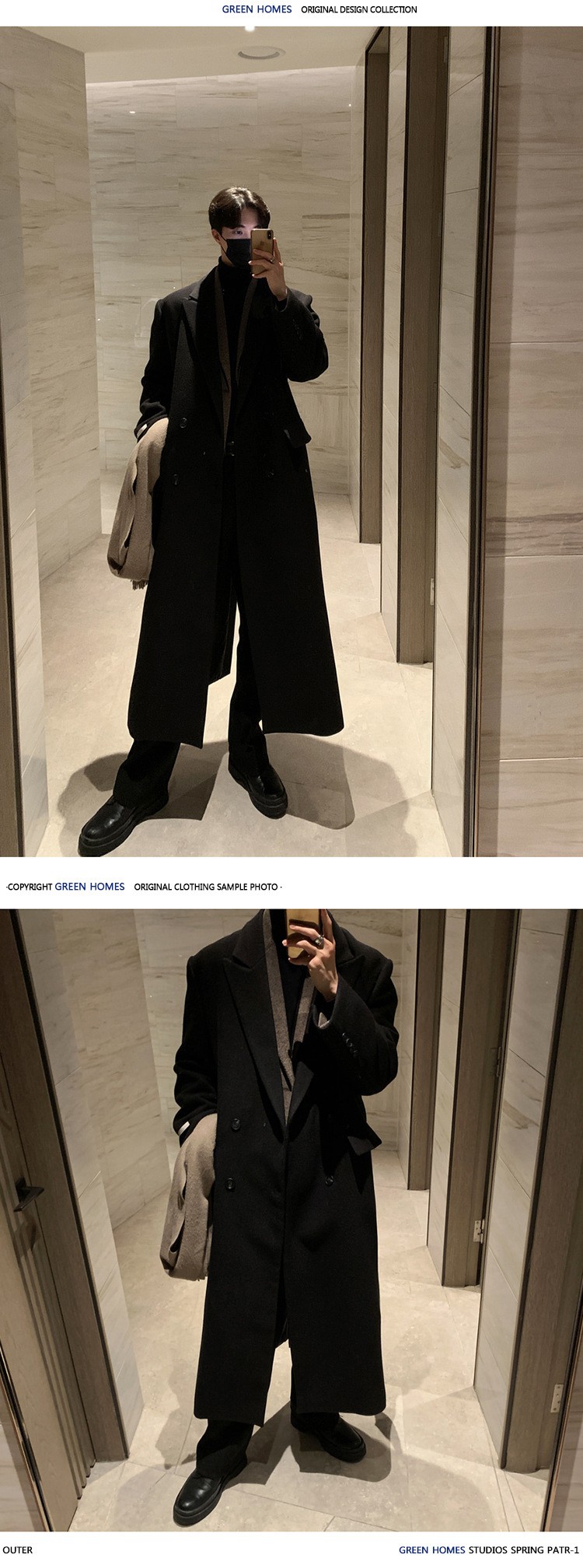 ASCLO Black Double-Breasted Wool Coat for Men ASCLO Black Double-Breasted Wool Coat for Men