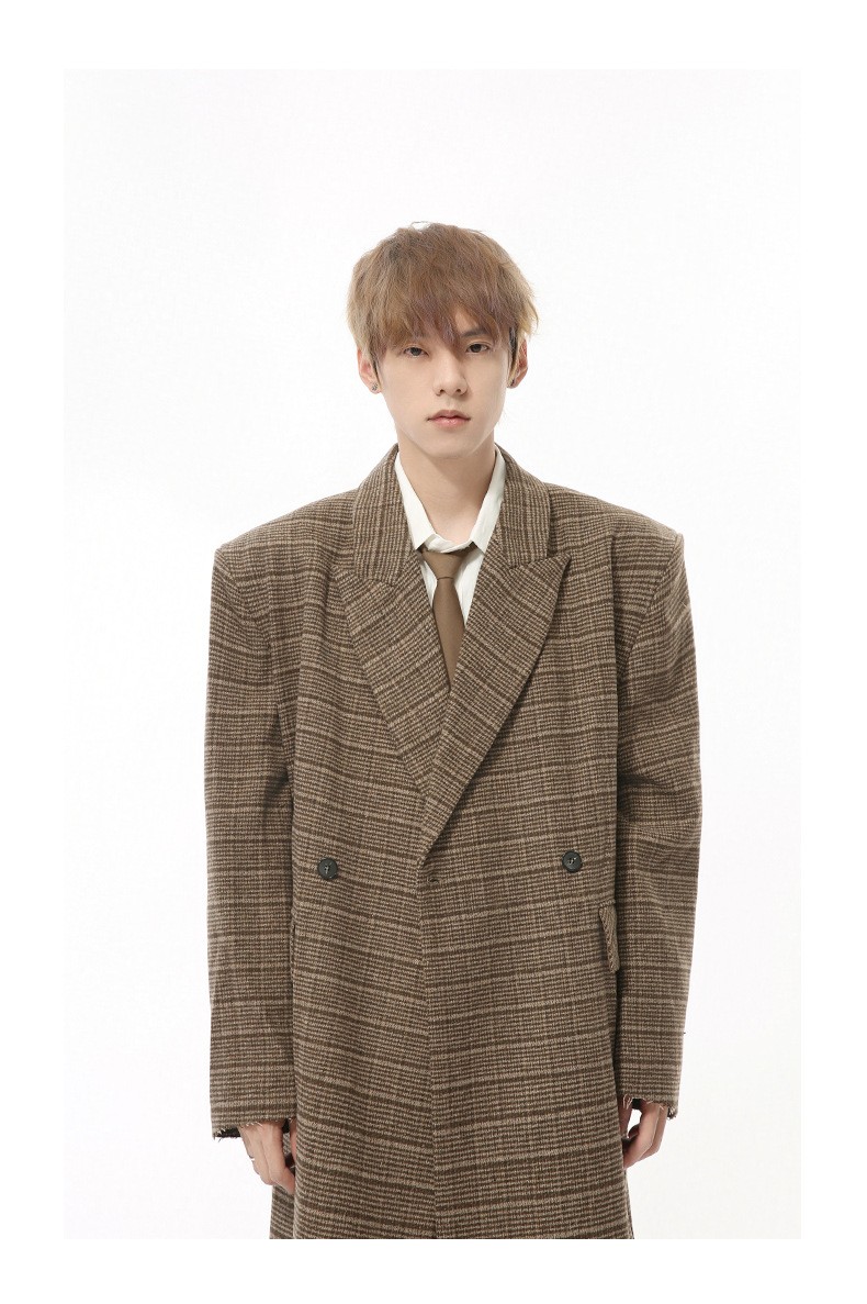 MTLCLOTHES Plaid Loose Wool Blend Long Coat