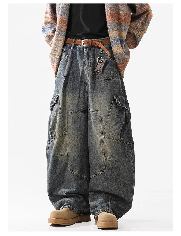 Vintage High-Waist Multi-Pocket Wide-Leg Denim Pants
