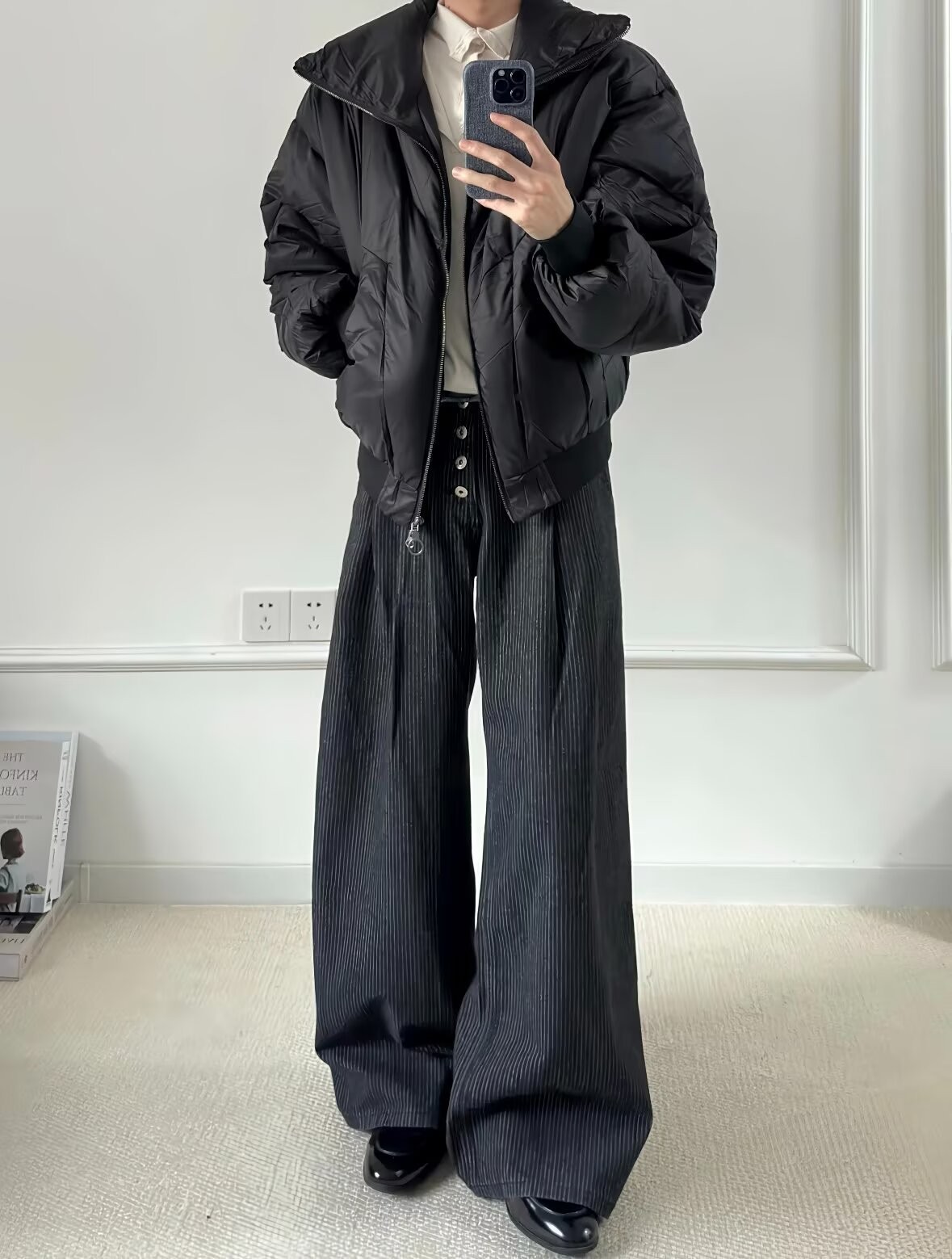 Men's High-Waist Pleated Denim Wide-Leg Trousers Men