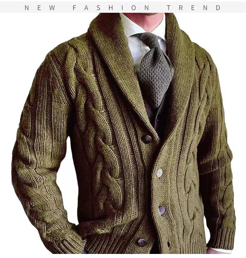 2025 Men’s Knitted Cable Cardigan with Turn-Down Collar