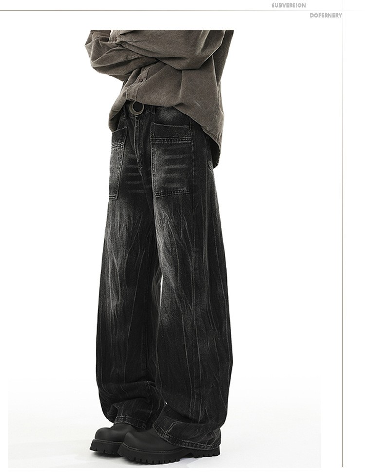Black Washed Loose Straight-Leg Denim Jeans