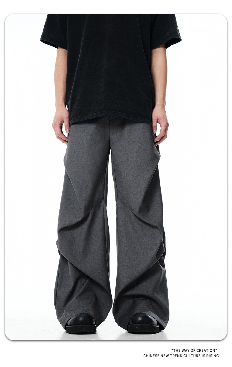 11KN Classic Grey Pleated Wide-Leg Trousers