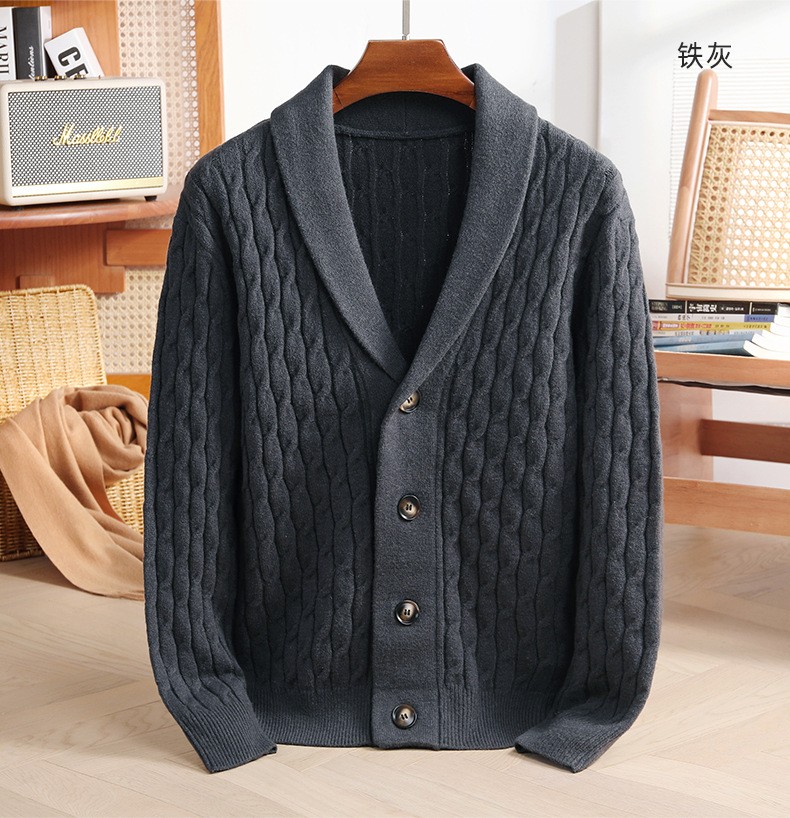 2024 Men’s Thick Wool Knit Cardigan with Embroidery