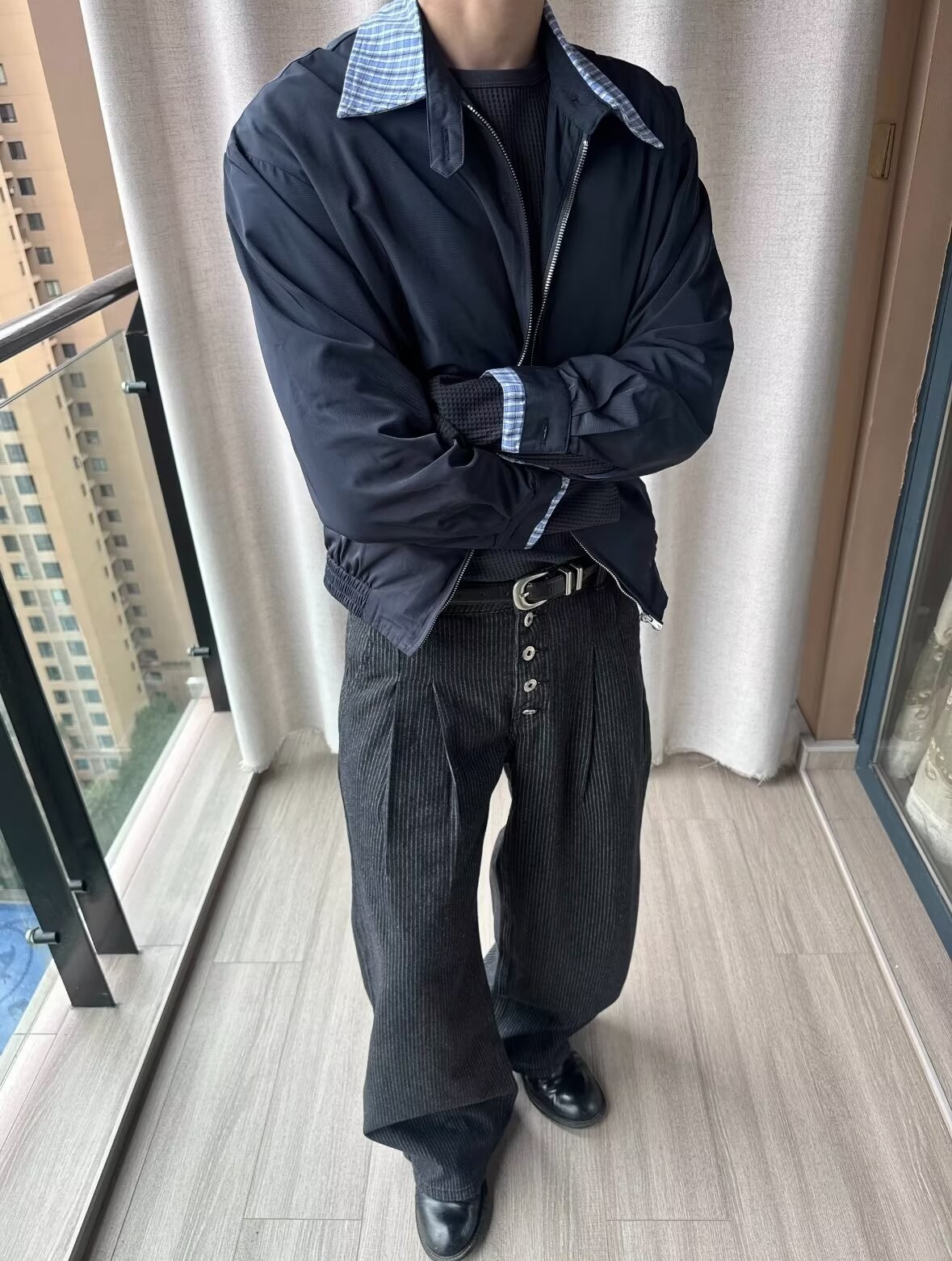 Men's High-Waist Pleated Denim Wide-Leg Trousers Men