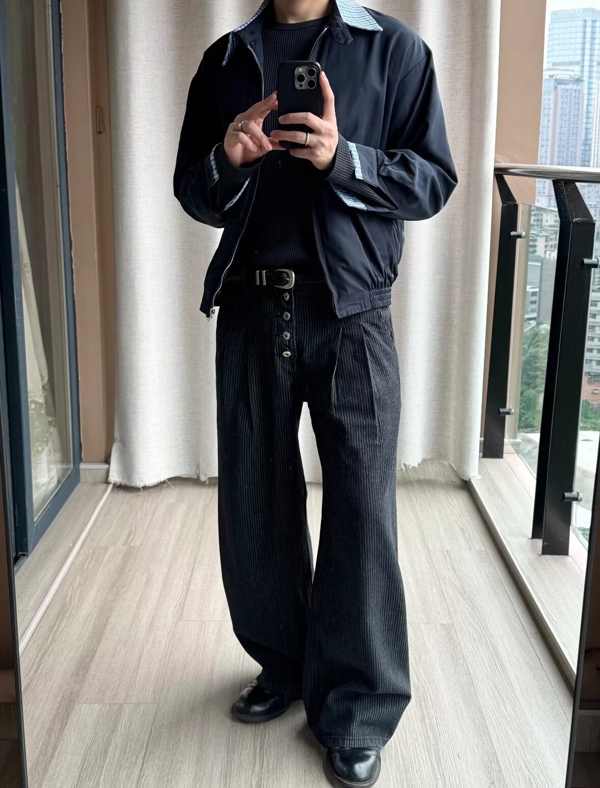 Men's High-Waist Pleated Denim Wide-Leg Trousers Men