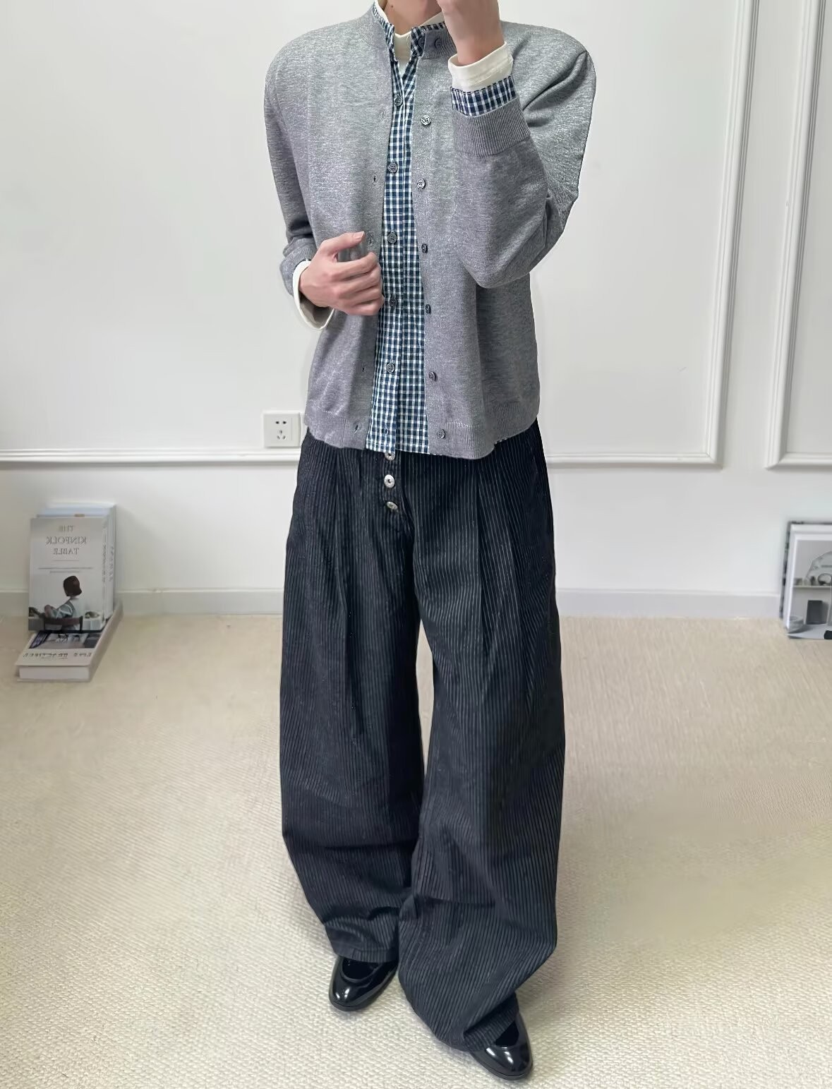 Men's High-Waist Pleated Denim Wide-Leg Trousers Men