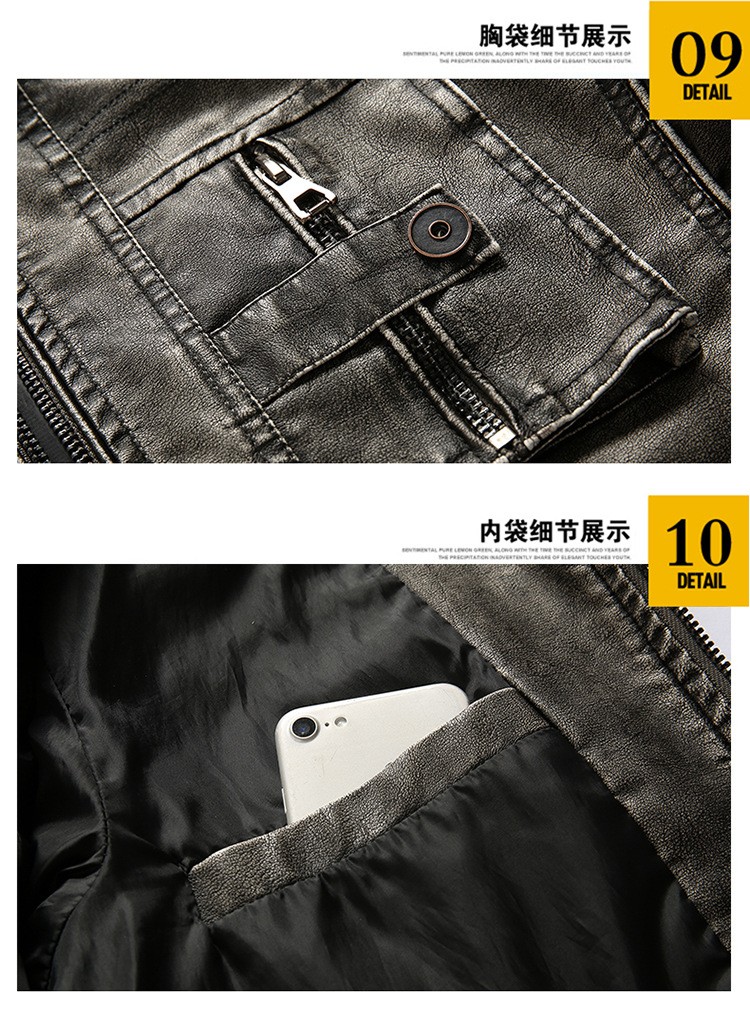 Men's Casual PU Leather Zip-Up Stand Collar Jacket Men