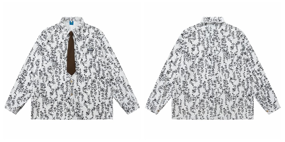 Vintage Floral Striped Cotton Blend Shirt with Tie