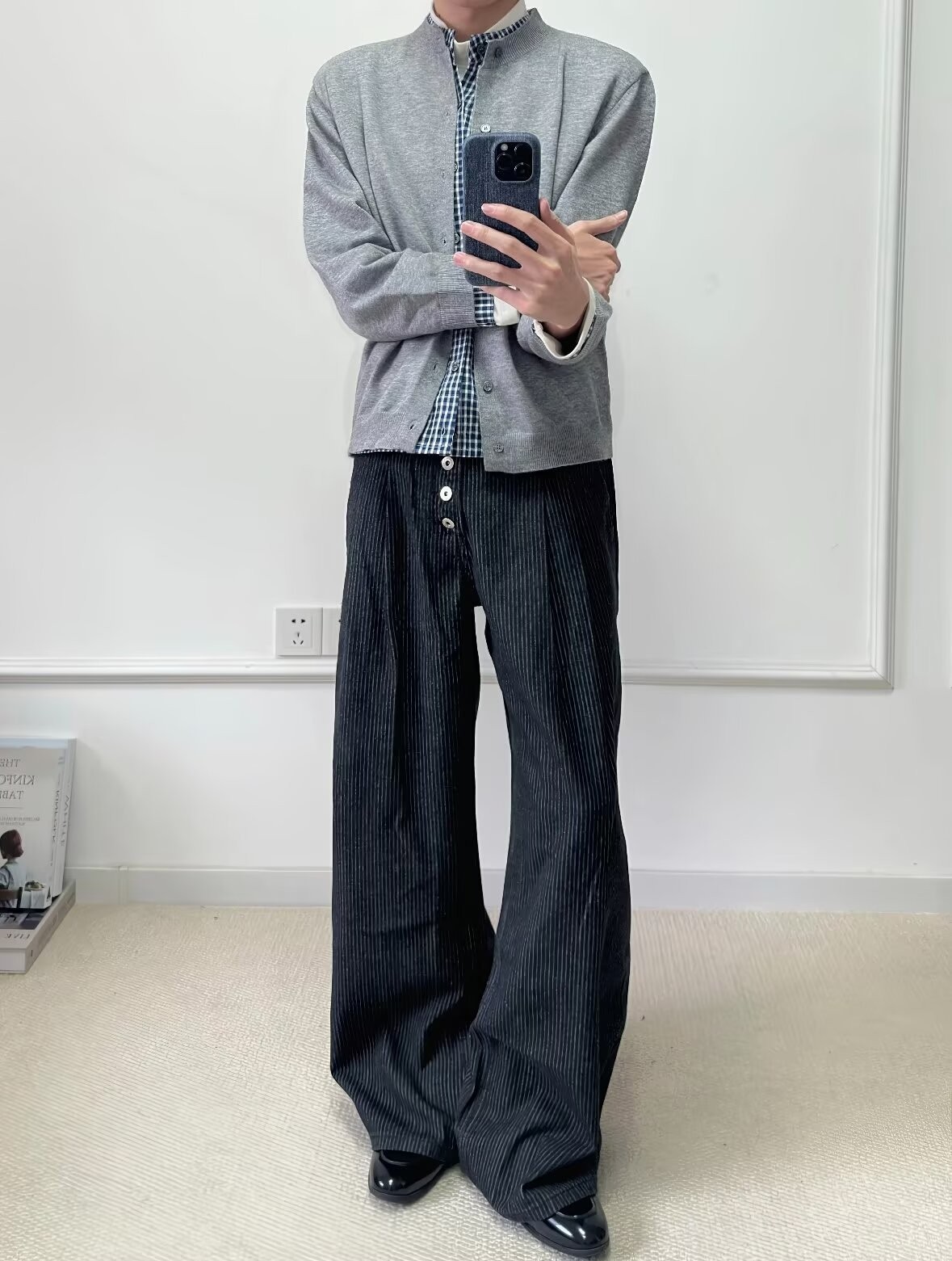 Men's High-Waist Pleated Denim Wide-Leg Trousers Men
