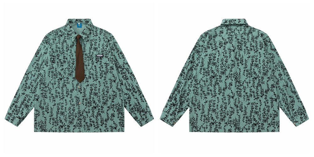 Vintage Floral Striped Cotton Blend Shirt with Tie