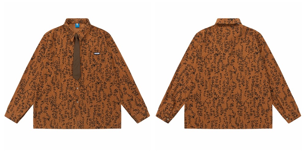 Vintage Floral Striped Cotton Blend Shirt with Tie