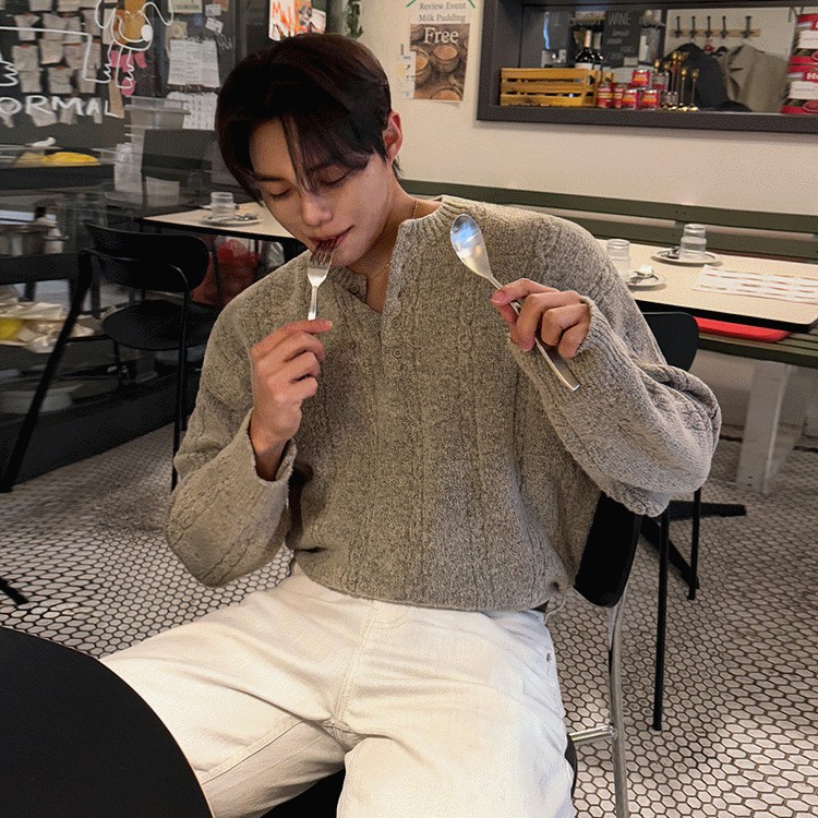 MYQ Loose Knit Henley Sweater for Men - Khaki