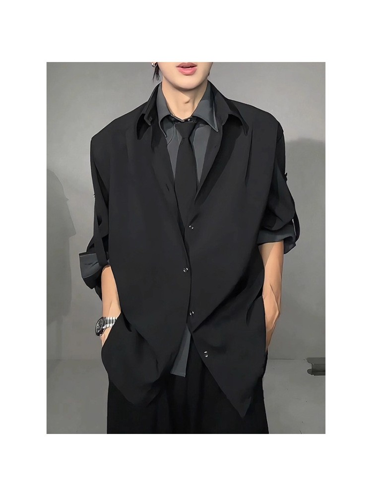 Men's Faux Two-Piece Tie Collar Shirt Jacket Men
