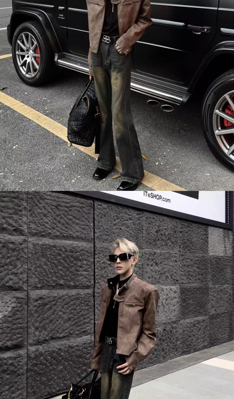 Vintage Brown Corduroy Hooded Biker Jacket